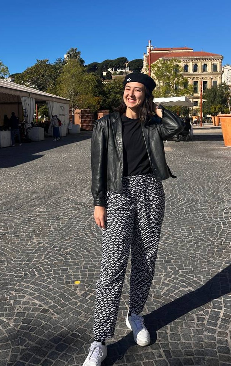 Vana wearing an Octant beret and AAVE trousers